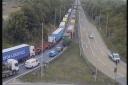 There are long delays on the A14 near Felixstowe