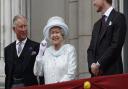 Queen Elizabeth II on her diamond jubilee (2012), with her son (now King Charles III) and grandson (now William, Prince of Wales)