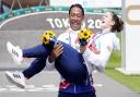 Great Britain's Bethany Shriever and Kye Whyte celebrate their Gold and Silver medals respectively