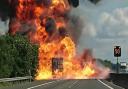 Aerosols on a lorry exploded after it caught fire on the M11 between Duxford and Stansted Airport