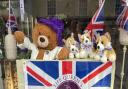 The Rose Garden florist, Great Dunmow: The Platinum Jubilee window featuring Big Ted and the corgis