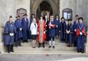 Saffron Walden's new Mayor and Mayoress, Cllr James de Vries and Mrs Sheila de Vries, Mace Bearer Mark Starte, the Deputy Town Clerk, the Reverend Jeremy Trew and Councillors on the steps of St Mary's Church, Saffron Walden