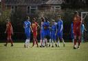 Dunmow Town celebrate in their 4-3 win over West Bergholt in the Essex & Suffolk Border League.