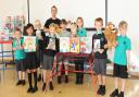 Author Gareth Jones and children at Dunmow St Mary's Primary School