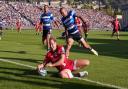 Max Malins scores Saracens' second try against Bath.