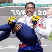 Great Britain's Bethany Shriever and Kye Whyte celebrate their Gold and Silver medals respectively