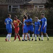 Dunmow Town celebrate in their 4-3 win over West Bergholt in the Essex & Suffolk Border League.