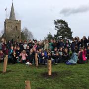 Great Bardfield Primary School students and teachers with the new trees at St Mary the Virgin Church