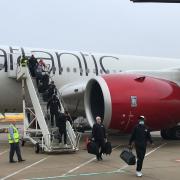 The New York Jets 'touchdown' at Stansted ahead of their NFL game in Tottenham on Friday, October 8