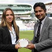 Felsted's Jess Olerenshaw accepts the Rachel Heyhoe Flint award from Kumar Sangakkara of Sri Lanka.