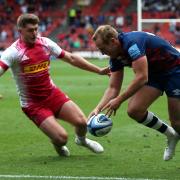 Max Malins scores his third try for Bristol Bears but Harlequins came back to win the Premiership semi-final at Ashton Gate.