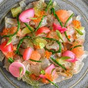 Alex Webb's Citrus cured sea bass, with pickled rainbow radish and citrus salad