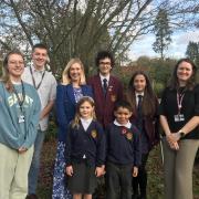 Pupils from Helena Romanes School with executive headteacher Catherine Davis and primary phase headteacher Jennifer Hone