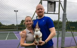 Hollie Jamieson and brother Greig Dowding with the Stebbing Tennis Club's gnome trophy. Picture: STEBBING TENNIS