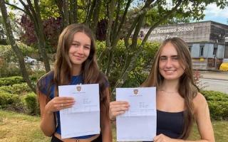 Jess and Maiya from Helena Romanes School with their A-level results