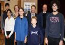 Young musicians Josh, Ankhan, Mariia, Jonas and Thomas are pictured with Lois Sparkes, Dunmow Rotary Youth Chair and President-elect, along with judges James Cairns and Philip Sunderland