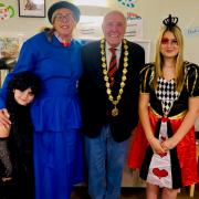 Staff and families with Mayor of Dunmow Cllr Peter Childs