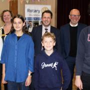 Young musicians Josh, Ankhan, Mariia, Jonas and Thomas are pictured with Lois Sparkes, Dunmow Rotary Youth Chair and President-elect, along with judges James Cairns and Philip Sunderland